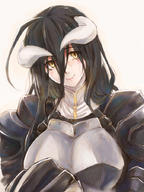 artist:user_xgpy8228 character:albedo copyright:overlord_(maruyama) general:1girl general:ahoge general:armor general:black_hair general:eyebrows_visible_through_hair general:hair_between_eyes general:horns general:long_hair general:simple_background general:smile general:solo general:upper_body general:yellow_eyes meta:commentary tagme technical:grabber // 675x900 // 187.4KB