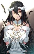 artist:houtengeki character:albedo copyright:madhouse copyright:overlord_(maruyama) general:bare_shoulders general:black_hair general:black_wings general:breasts general:demon_girl general:feather_(feathers) general:girl general:gloves general:horn_(horns) general:large_breasts general:long_hair general:looking_at_viewer general:open_mouth general:single general:tall_image general:teeth general:white_gloves general:wings general:yellow_eyes tagme technical:grabber // 507x800 // 56.8KB