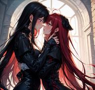 artist:zat3rj3en character:claire_kagenou character:mary_(the_eminence_in_shadow) copyright:kage_no_jitsuryokusha_ni_naritakute! copyright:the_eminence_in_shadow general:2girls general:black_hair general:kissing general:red_eyes general:red_hair general:vampire general:yuri meta:ai_generated meta:self_upload meta:stable_diffusion meta:tagme technical:grabber // 1024x968 // 1.2MB