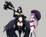 artist:nora_kaato character:albedo character:shalltear_bloodfallen copyright:overlord_(maruyama) general:2girls general:alternate_costume general:armor general:bikini_armor general:black_hair general:breasts general:cleavage general:demon_girl general:demon_horns general:demon_wings general:full_body general:grey_background general:horns general:jewelry general:large_breasts general:long_hair general:midriff general:monster_girl general:multiple_girls general:navel general:necklace general:pale_skin general:purple_hair general:red_eyes general:scythe general:simple_background general:small_breasts general:umbrella general:undead general:vampire general:very_long_hair general:white_skin general:wings general:yellow_eyes meta:absurdres meta:highres tagme technical:grabber // 2939x2406 // 2.2MB