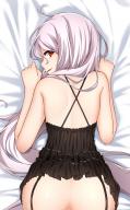 artist:helther character:shalltear_bloodfallen copyright:overlord_(maruyama) general:1girl general:ahoge general:ass general:back general:bare_shoulders general:black_lingerie general:chemise general:female general:female_only general:female_solo general:from_behind general:garter_straps general:hair_between_eyes general:lingerie general:long_hair general:looking_at_viewer general:lying general:nopan general:on_stomach general:red_eyes general:silver_hair general:smile general:solo medium:dakimakura studio:cuddly_octopus_(circle) tagme technical:grabber // 556x892 // 349.8KB