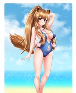 artist:enly_art character:raphtalia copyright:tate_no_yuusha_no_nariagari general:1girl general:animal_ears general:beach general:blue_one-piece_swimsuit general:breasts general:brown_hair general:closed_mouth general:clothing_cutout general:flower general:hair_flower general:hair_ornament general:large_breasts general:long_hair general:looking_at_viewer general:navel general:navel_cutout general:one-piece_swimsuit general:outdoors general:pink_eyes general:ponytail general:raccoon_ears general:raccoon_girl general:raccoon_tail general:slave_tattoo general:smile general:solo general:standing general:swimsuit general:tail general:tattoo meta:highres technical:grabber // 1675x2048 // 311.0KB