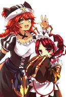 character:entoma_vasilissa_zeta character:lupusregina_beta copyright:overlord_(maruyama) general:2girls general:animal_hat general:antennae general:bangs general:bow general:bowtie general:braid general:collarbone general:dark_skin general:eyebrows_visible_through_hair general:frills general:hair_between_eyes general:hand_up general:hands_up general:hat general:insect_girl general:japanese_clothes general:long_hair general:long_sleeves general:looking_at_viewer general:maid general:maid_headdress general:monster_girl general:multiple_girls general:ofuda_on_clothes general:open_mouth general:red_hair general:smile general:twin_braids general:user_dznz5583 general:werewolf general:wide_sleeves general:yellow_eyes metadata:highres tagme technical:grabber // 1378x2039 // 2.1MB