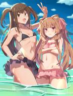 artist:aisha_(rfrm) character:kazayama_kizuna character:raphtalia copyright:tate_no_yuusha_no_nariagari general:2girls general:aged_down general:animal_ear_fluff general:animal_ears general:bikini general:bikini_skirt general:black_bikini general:blush general:breasts general:brown_eyes general:brown_hair general:frilled_bikini general:frills general:long_hair general:multiple_girls general:navel general:ocean general:pink_bikini general:raccoon_ears general:raccoon_girl general:small_breasts general:smile general:string_bikini general:swimsuit general:thighs general:twintails general:v general:water meta:absurdres meta:commentary_request meta:highres technical:grabber // 1848x2448 // 923.8KB