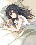 artist:shoura character:izawa_shizue copyright:tensei_shitara_slime_datta_ken general:1girl general:bare_legs general:bed_sheet general:black_hair general:black_shirt general:closed_mouth general:facial_mark general:from_above general:hair_between_eyes general:long_hair general:lying general:on_side general:pillow general:shirt general:short_sleeves general:smile general:solo general:straight_hair general:t-shirt general:under_covers meta:absurdres meta:highres technical:grabber // 2046x2592 // 360.9KB