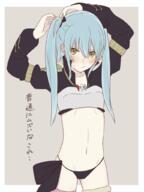 artist:fu_ku1_437 character:milim_nava character:rimuru_tempest copyright:tensei_shitara_slime_datta_ken general:1girl general:androgynous general:black_panties general:black_ribbon general:blue_hair general:cosplay general:cowboy_shot general:crop_top general:genderswap general:genderswap_(otf) general:grey_background general:groin general:hair_ribbon general:long_hair general:long_sleeves general:looking_at_viewer general:midriff general:milim_nava_(cosplay) general:navel general:panties general:ribbon general:solo general:standing general:stomach general:thighhighs general:twintails general:two-tone_background general:tying_hair general:underwear general:white_background meta:commentary_request technical:grabber // 768x1024 // 407.5KB