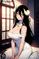 artist:pikkiwynn character:albedo copyright:overlord_(maruyama) general:bare_shoulders general:black_hair general:blush general:breasts general:cleavage general:demon_girl general:demon_horns general:detached_collar general:dress general:female general:hair_between_eyes general:horns general:indoors general:large_breasts general:long_hair general:looking_at_viewer general:off_shoulder general:parted_lips general:sitting general:slit_pupils general:solo general:wariza general:white_dress general:window general:yellow_eyes meta:ai_generated technical:grabber // 768x1152 // 439.4KB