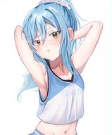 artist:chocoeiru character:rimuru_tempest copyright:tensei_shitara_slime_datta_ken general:1other general:armpits general:arms_up general:blue_hair general:cheerleader general:crop_top general:hair_between_eyes general:light_blush general:long_hair general:navel general:ponytail general:upper_body general:white_background general:yellow_eyes meta:highres technical:grabber // 1896x2289 // 298.2KB