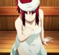 character:iris_midgar copyright:kage_no_jitsuryokusha_ni_naritakute! general:1girl general:anime_screencap general:bare_shoulders general:breasts general:cleavage general:clenched_hand general:collarbone general:large_breasts general:long_hair general:naked_towel general:red_eyes general:red_hair general:sidelocks general:thighs general:towel general:towel_on_head meta:highres meta:screencap meta:stitched meta:third-party_edit technical:grabber // 1920x1775 // 263.2KB