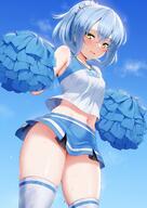 artist:m-da_s-tarou character:rimuru_tempest copyright:tensei_shitara_slime_datta_ken general:1girl general:arms_up general:bare_shoulders general:blue_hair general:blue_skirt general:blue_sky general:blue_theme general:blush general:breasts general:cheerleader general:covered_nipples general:crossed_bangs general:embarrassed general:eyelashes general:genderswap general:genderswap_(otf) general:hair_between_eyes general:holding general:holding_pom_poms general:light_blue_hair general:long_hair general:looking_at_viewer general:microskirt general:midriff general:miniskirt general:navel general:no_panties general:open_mouth general:outdoors general:petite general:pleated_skirt general:pom_pom_(cheerleading) general:ponytail general:shiny_skin general:shirt general:skindentation general:skirt general:sky general:sleeveless general:small_breasts general:solo general:sweat general:thighs general:white_shirt general:yellow_eyes meta:highres technical:grabber // 847x1200 // 133.0KB