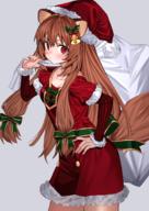 artist:luicent character:raphtalia copyright:tate_no_yuusha_no_nariagari general:1girl general:animal_ears general:bell general:blush general:brown_hair general:christmas general:closed_mouth general:dress general:grey_background general:hand_on_own_hip general:hat general:holding general:holding_sack general:layered_sleeves general:long_hair general:long_sleeves general:looking_at_viewer general:puffy_short_sleeves general:puffy_sleeves general:raccoon_ears general:raccoon_girl general:raccoon_tail general:red_dress general:red_eyes general:sack general:santa_costume general:santa_hat general:short_over_long_sleeves general:short_sleeves general:simple_background general:smile general:solo general:tail general:very_long_hair meta:commentary_request meta:highres technical:grabber // 1060x1500 // 1.4MB