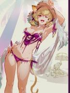 artist:so-bin character:clementine_(overlord) character:khajiit_dale_badantel copyright:overlord_(maruyama) general:1boy general:1girl general:animal_ears general:beach general:beach_towel general:beach_umbrella general:bikini general:blonde_hair general:cat_ears general:cat_tail general:ears_through_headwear general:hat general:palm_tree general:purple_bikini general:purple_eyes general:short_hair general:short_twintails general:solo_focus general:straw_hat general:swimsuit general:tail general:tied_hair general:towel general:tree general:twintails general:umbrella tagme technical:grabber // 900x1189 // 179.4KB