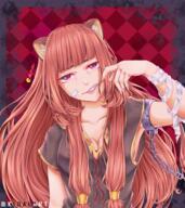 artist:xyma2524 character:raphtalia copyright:tate_no_yuusha_no_nariagari general:1girl general:animal_ear_fluff general:animal_ears general:artist_name general:bandaged_arm general:bandages general:bandaid general:bandaid_on_face general:blunt_bangs general:border general:breasts general:brown_hair general:brown_shirt general:chain general:checkered_background general:cleavage general:collarbone general:colored_eyelashes general:fingernails general:gold_trim general:grey_border general:hair_tubes general:hand_up general:long_fingernails general:long_hair general:looking_at_viewer general:medium_breasts general:no_bra general:outside_border general:parted_lips general:purple_eyes general:raccoon_ears general:raccoon_girl general:raccoon_tail general:red_background general:sharp_fingernails general:sharp_teeth general:shirt general:short_sleeves general:solo general:tail general:teeth general:twitter_username general:two-tone_background meta:commentary meta:commentary_typo meta:english_commentary meta:highres technical:grabber // 1600x1800 // 3.7MB