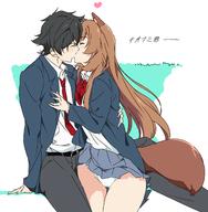 artist:umanosuke character:iwatani_naofumi character:raphtalia copyright:tate_no_yuusha_no_nariagari general:1boy general:1girl general:animal_ears general:black_hair general:black_pants general:blazer general:bow general:bowtie general:brown_hair general:closed_eyes general:couple general:grey_skirt general:heart general:hetero general:jacket general:kiss general:long_hair general:long_sleeves general:necktie general:panties general:pants general:pleated_skirt general:raccoon_ears general:raccoon_girl general:raccoon_tail general:red_bow general:red_bowtie general:red_necktie general:school_uniform general:shirt general:short_hair general:simple_background general:sitting general:skirt general:tail general:thighs general:underwear general:white_background general:white_panties general:white_shirt meta:commentary_request meta:highres technical:grabber // 1600x1635 // 623.2KB