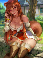 artist:kittew character:raphtalia copyright:tate_no_yuusha_no_nariagari general:1girl general:animal_ears general:artist_logo general:artist_name general:bare_shoulders general:boots general:breast_tattoo general:breasts general:brown_hair general:chest_tattoo general:cleavage general:deviantart_username general:dress general:eyelashes general:frilled_skirt general:frills general:hair_ornament general:hand_in_own_hair general:house general:large_breasts general:lips general:long_hair general:long_sleeves general:outdoors general:patreon_username general:purple_eyes general:raccoon_ears general:raccoon_girl general:raccoon_tail general:sidelocks general:sitting general:skirt general:smile general:tail general:tattoo general:thigh_boots general:thighhighs general:thighs general:tree general:web_address meta:commentary technical:grabber // 774x1032 // 125.0KB