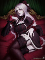 artist:themaestronoob character:shalltear_bloodfallen copyright:overlord_(maruyama) general:1girl general:bed_sheet general:black_bow general:black_thighhighs general:bow general:breasts general:colored_skin general:curtains general:detached_sleeves general:feet_out_of_frame general:frilled_sleeves general:frills general:garter_straps general:grey_hair general:grey_panties general:grey_skin general:hair_bow general:hand_up general:large_breasts general:long_hair general:lying general:on_side general:panties general:parted_lips general:pillow general:red_bow general:red_eyes general:smile general:solo general:striped_bow general:thighhighs general:underwear general:watermark general:web_address meta:highres technical:grabber // 1500x2000 // 477.4KB