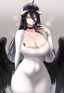 artist:yanun0557 character:albedo character:dongtan_lady_(k_pring) copyright:overlord_(maruyama) general:1girl general:ahoge general:black_choker general:black_hair general:black_wings general:breast_tattoo general:breasts general:breath general:choker general:cleavage general:cosplay general:covered_navel general:curvy general:demon_girl general:demon_horns general:dongtan_lady_(k_pring)_(cosplay) general:dress general:feathered_wings general:hair_between_eyes general:half-closed_eyes general:hand_up general:heart general:hickey general:horns general:huge_breasts general:jewelry general:long_bangs general:long_hair general:low_horns general:low_wings general:mask general:mouth_mask general:queen_of_spades_symbol general:ring general:slit_pupils general:solo general:spade_tattoo general:sweat general:tattoo general:tight_clothes general:tight_dress general:very_long_hair general:white_dress general:white_horns general:white_mask general:wide_hips general:wings general:yellow_eyes meta:highres technical:grabber // 1160x1673 // 957.4KB