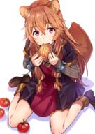 artist:tan_(tangent) character:raphtalia copyright:tate_no_yuusha_no_nariagari general:1girl general:animal_ear_fluff general:animal_ears general:bare_legs general:black_dress general:blush general:boots general:bread general:brown_footwear general:brown_hair general:cuffs general:dress general:eating general:food general:from_above general:grey_sweater general:hair_between_eyes general:hair_ornament general:handcuffs general:holding general:holding_food general:long_hair general:long_sleeves general:looking_at_viewer general:looking_up general:raccoon_ears general:raccoon_girl general:raccoon_tail general:red_eyes general:ribbed_sweater general:sanpaku general:shadow general:simple_background general:sitting general:solo general:sweater general:tail general:thighs general:tomato general:wariza general:white_background meta:commentary_request technical:grabber // 636x900 // 639.7KB