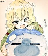 artist:miyao_ryuu character:katyusha_(girls_und_panzer) character:rimuru_tempest character:rimuru_tempest_(slime) copyright:girls_und_panzer copyright:tensei_shitara_slime_datta_ken general:+++ general:1girl general::d general:=_= general:artist_name general:blonde_hair general:blue_eyes general:crossover general:dated general:fang general:green_jumpsuit general:jumpsuit general:light_blush general:long_sleeves general:on_person general:open_mouth general:photo_(object) general:pravda_military_uniform general:short_hair general:signature general:skin_fang general:slime_(creature) general:smile general:traditional_media general:v-shaped_eyebrows meta:commentary meta:highres meta:translated technical:grabber // 1765x2046 // 533.8KB