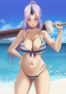 artist:kesoshirou character:shion_(tensei_shitara_slime_datta_ken) copyright:tensei_shitara_slime_datta_ken general:1girl general:ass_visible_through_thighs general:bare_shoulders general:beach general:bikini general:black_horns general:black_nails general:blue_sky general:breasts general:cleavage general:cloud general:collarbone general:cowboy_shot general:day general:groin general:hand_on_own_hip general:hand_up general:high_ponytail general:holding general:holding_sword general:holding_weapon general:horizon general:horns general:large_breasts general:legs_apart general:long_hair general:looking_at_viewer general:nail_polish general:navel general:ocean general:oni general:oni_horns general:open_mouth general:outdoors general:parted_bangs general:purple_eyes general:purple_hair general:sand general:sheath general:sheathed general:shiny_skin general:single_horn general:sky general:solo general:standing general:striped_bikini general:striped_clothes general:swimsuit general:sword general:thighs general:v-shaped_eyebrows general:water general:weapon meta:commentary technical:grabber // 827x1169 // 107.4KB