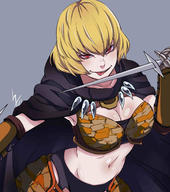 character:clementine_(overlord) copyright:overlord_(maruyama) general:1girl general:armor general:blonde general:breasts general:chokominto general:cleavage general:female general:hair_between_eyes general:large_breasts general:looking_at_viewer general:midriff general:navel general:red_eyes general:short_hair general:smile general:solo general:sword general:tongue general:tongue_out general:upper_body general:viewed_from_above general:weapon medium:high_resolution medium:very_high_resolution tagme technical:grabber // 2664x3000 // 366.6KB