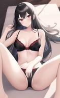 character:claire_kagenou copyright:kage_no_jitsuryokusha_ni_naritakute! copyright:the_eminence_in_shadow general:1girls general:black_hair general:bra general:long_hair general:panties general:red_eyes general:spread_legs general:underwear meta:ai_generated meta:tagme technical:grabber // 512x832 // 509.4KB