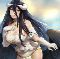 artist:natsuyu character:albedo copyright:overlord_(maruyama) general:1girl general:bangs general:bare_shoulders general:black_feathers general:black_hair general:black_wings general:breasts general:clavicle general:cleavage general:demon_girl general:demon_horns general:demon_wings general:detached_collar general:dress general:elbow_gloves general:feathered_wings general:feathers general:female general:gloves general:hair_between_eyes general:hip_vent general:horns general:large_breasts general:long_hair general:looking_at_viewer general:low_wings general:open_mouth general:slit_pupils general:smile general:very_long_hair general:white_dress general:white_gloves general:wings general:yellow_eyes medium:simple_background tagme technical:grabber // 831x822 // 650.0KB