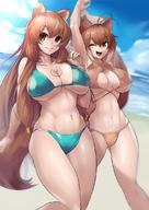 artist:sowel_(sk3) character:makoto_nanaya character:raphtalia copyright:blazblue copyright:tate_no_yuusha_no_nariagari general:2girls general:abs general:animal_ears general:beach general:bikini general:breasts general:brown_hair general:crossover general:large_breasts general:long_hair general:looking_at_viewer general:multiple_girls general:ocean general:one_eye_closed general:open_mouth general:raccoon_ears general:raccoon_tail general:sand general:short_hair general:squirrel_ears general:squirrel_tail general:swimsuit general:tail general:tattoo general:white_hair technical:grabber // 800x1131 // 129.0KB