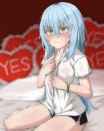 artist:hagetaka_chourou character:rimuru_tempest copyright:tensei_shitara_slime_datta_ken general:1other general:bed general:blue_hair general:blush general:covered_nipples general:embarrassed general:nipples general:nose_blush general:pillow general:thighs general:yes general:yes-no_pillow meta:highres technical:grabber // 1750x2200 // 2.6MB