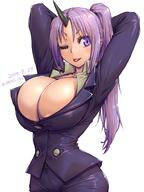 artist:amania_orz character:shion_(tensei_shitara_slime_datta_ken) copyright:tensei_shitara_slime_datta_ken general:1girl general:arms_behind_head general:artist_name general:belt general:black_horns general:breasts general:bursting_breasts general:cleavage general:collarbone general:curvy general:dated general:formal general:green_shirt general:high_ponytail general:horns general:huge_breasts general:light_purple_hair general:long_hair general:looking_to_the_side general:office_lady general:one_eye_closed general:oni general:oni_horns general:pants general:purple_eyes general:purple_suit general:shirt general:signature general:single_horn general:solo general:suit general:tongue general:tongue_out general:wide_hips meta:commentary_request meta:highres technical:grabber // 960x1280 // 130.7KB