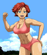 character:brita_(overlord) copyright:overlord_(maruyama) general:1girl general:abs general:back general:biceps general:blue_eyes general:blue_sky general:bra general:breasts general:buruma general:cleavage general:clenched_hand general:cloud general:cowboy_shot general:day general:female general:flexing general:gym_uniform general:hand_on_ass general:hand_on_own_ass general:looking_at_viewer general:midriff general:mole general:mole_under_eye general:muscle general:muscular_female general:navel general:open_mouth general:outdoors general:pink_bra general:pink_buruma general:pose general:red_hair general:short_hair general:sky general:smile general:solo general:sports_bra general:sweat general:tomboy general:toned general:underwear medium:high_resolution tagme technical:grabber // 1084x1245 // 799.3KB