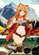 artist:shugo19 character:raphtalia copyright:tate_no_yuusha_no_nariagari general:1girl general:animal_ear_fluff general:animal_ears general:armor general:artist_name general:bare_shoulders general:belt general:bikini_armor general:blush general:boots general:breastplate general:breasts general:brown_belt general:brown_gloves general:brown_hair general:cleavage general:closed_mouth general:cloud general:collarbone general:cuffs general:day general:elbow_gloves general:full_body general:gloves general:hair_ornament general:hair_tubes general:knee_boots general:leather general:leather_boots general:long_hair general:looking_at_viewer general:medium_breasts general:midriff general:mountain general:navel general:outdoors general:panties general:raccoon_ears general:raccoon_girl general:raccoon_tail general:red_eyes general:red_panties general:scabbard general:sheath general:sky general:smile general:solo general:standing general:stomach general:swimsuit general:tail general:thighs general:underwear general:watermark general:weapon meta:english_commentary meta:german_commentary meta:highres meta:mixed-language_commentary technical:grabber // 1052x1500 // 1.6MB