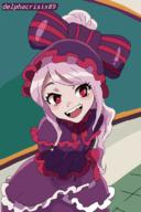 artist:delpha_crisis character:shalltear_bloodfallen copyright:overlord_(maruyama) general:1girl general:arms_behind_back general:blush general:bow general:chalkboard general:classroom general:dress general:fangs general:gothic_lolita general:hair_bow general:hair_bun general:leaning_forward general:lolita_fashion general:long_hair general:long_sleeves general:looking_at_viewer general:neck_ribbon general:open_mouth general:purple_bow general:purple_dress general:purple_hair general:purple_headwear general:red_bow general:red_eyes general:red_ribbon general:ribbon general:smile general:standing general:teeth general:vampire technical:grabber // 512x768 // 218.9KB