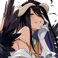 artist:xiaoxiao_de_kuangsan character:albedo copyright:overlord_(maruyama) general:1girl general:ahoge general:bare_shoulders general:black_hair general:black_wings general:blush general:breasts general:cleavage general:feathers general:grin general:hair_between_eyes general:hand_up general:horns general:large_breasts general:long_hair general:shiny_skin general:smile general:solo general:teeth general:white_background general:wings general:yellow_eyes meta:highres technical:grabber // 1229x1229 // 825.2KB