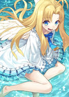 artist:tokumaro character:firo_(tate_no_yuusha_no_nariagari) copyright:tate_no_yuusha_no_nariagari general:1girl general::d general:antenna_hair general:barefoot general:bird_wings general:blonde_hair general:blue_bow general:blue_eyes general:bow general:dress general:feathered_wings general:long_hair general:long_sleeves general:looking_at_viewer general:open_mouth general:parted_bangs general:shallow_water general:sitting general:sleeves_past_fingers general:sleeves_past_wrists general:smile general:solo general:very_long_hair general:water general:white_dress general:white_wings general:wide_sleeves general:wings general:yokozuwari meta:commentary_request meta:highres technical:grabber // 849x1200 // 1.2MB