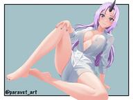 artist:paravet character:shion_(tensei_shitara_slime_datta_ken) copyright:tensei_shitara_slime_datta_ken general:1girl general:arm_support general:bare_legs general:barefoot general:black_horns general:blush general:border general:breasts general:closed_mouth general:collarbone general:eyelashes general:feet general:full_body general:grey_background general:hand_on_own_knee general:horns general:knee_up general:large_breasts general:leaning_forward general:legs general:long_hair general:looking_at_viewer general:nail_polish general:parted_bangs general:partially_unbuttoned general:purple_eyes general:purple_hair general:purple_nails general:shiny_skin general:shirt general:sidelocks general:signature general:single_horn general:sitting general:solo general:thighs general:toenail_polish general:toenails general:toes general:twitter_username general:white_border general:white_shirt meta:highres technical:grabber // 2048x1542 // 198.3KB