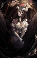 artist:steve_zheng character:ainz_ooal_gown character:albedo copyright:overlord_(maruyama) general:1girl general:black_feathers general:black_hair general:black_wings general:breasts general:cleavage general:cloak general:demon_girl general:demon_horns general:demon_wings general:detached_collar general:dress general:feathers general:female general:gloves general:hair_between_eyes general:horns general:jewelry general:large general:large_breasts general:long_hair general:looking_at_viewer general:low_wings general:red_lips general:ring general:robe general:skeleton general:white_dress general:white_gloves general:wings general:yellow_eyes medium:artist_name medium:high_resolution tagme technical:grabber // 1359x2126 // 356.3KB