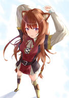 artist:yaamodo_seijin character:raphtalia copyright:tate_no_yuusha_no_nariagari general:1girl general:animal_ear_fluff general:animal_ears general:arms_behind_head general:arms_up general:belt general:black_belt general:black_dress general:blush general:boots general:breasts general:brown_footwear general:brown_hair general:dress general:foot_out_of_frame general:grey_dress general:hair_tubes general:layered_dress general:light_smile general:long_hair general:long_sleeves general:looking_at_viewer general:medium_breasts general:multicolored_clothes general:multicolored_dress general:neck_ribbon general:parted_lips general:purple_eyes general:raccoon_ears general:raccoon_girl general:raccoon_tail general:red_dress general:red_ribbon general:ribbon general:short_sleeves general:solo general:standing general:tail general:thick_eyelashes general:thigh_boots general:yellow_trim meta:absurdres meta:commentary_request meta:highres meta:partial_commentary technical:grabber // 2149x3035 // 410.9KB