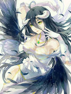 artist:rosa_(artist) character:albedo copyright:madhouse copyright:overlord_(maruyama) general:ahoge general:arm_behind_head general:armpit_(armpits) general:bare_shoulders general:black_hair general:black_wings general:breasts general:cleavage general:detached_collar general:dress general:elbow_gloves general:eyebrows general:feather_(feathers) general:fringe general:girl general:gloves general:green_eyes general:horn_(horns) general:large_breasts general:light_erotic general:light_smile general:long_hair general:looking_at_viewer general:single general:tall_image general:white_dress general:white_gloves general:wings tagme technical:grabber // 700x934 // 757.2KB