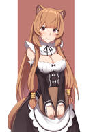 artist:kusubii character:raphtalia copyright:re:zero_kara_hajimeru_isekai_seikatsu copyright:tate_no_yuusha_no_nariagari general:1girl general:alternate_costume general:animal_ears general:bare_shoulders general:blunt_bangs general:blush general:bow general:breasts general:brown_hair general:cleavage general:cosplay general:dress general:frilled_dress general:frills general:hair_ornament general:half-closed_eyes general:holding general:holding_plate general:long_hair general:long_sleeves general:looking_at_viewer general:maid general:medium_breasts general:plate general:purple_eyes general:raccoon_ears general:raccoon_girl general:raccoon_tail general:roswaal_mansion_maid_uniform general:sidelocks general:smile general:solo general:tail meta:commentary meta:highres technical:grabber // 1059x1500 // 630.0KB