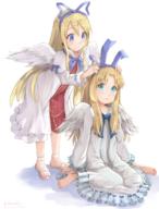 artist:hikari_niji character:firo_(tate_no_yuusha_no_nariagari) character:flonne copyright:disgaea copyright:makai_senki_disgaea copyright:tate_no_yuusha_no_nariagari general:2girls general:angel general:angel_wings general:barefoot general:bird_wings general:blonde_hair general:blue_bow general:blue_eyes general:blue_hairband general:blue_ribbon general:bow general:closed_mouth general:colored_shadow general:cosplay general:costume_switch general:crossover general:dress general:feathered_wings general:firo_(tate_no_yuusha_no_nariagari)_(cosplay) general:flonne_(cosplay) general:frilled_dress general:frills general:green_eyes general:hair_between_eyes general:hair_ribbon general:hairband general:long_hair general:long_sleeves general:look-alike general:multiple_girls general:parted_bangs general:parted_lips general:ribbon general:sandals general:shadow general:sitting general:smile general:standing general:trait_connection general:twitter_username general:very_long_hair general:wariza general:white_background general:white_dress general:white_footwear general:white_wings general:wings meta:commentary meta:highres technical:grabber // 1144x1500 // 1.5MB