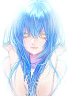 artist:nukogami_(minniecatlove21) character:rimuru_tempest copyright:tensei_shitara_slime_datta_ken general:1girl general:blue_hair general:closed_mouth general:colored_eyelashes general:completely_nude general:genderswap general:genderswap_(otf) general:hair_between_eyes general:hands_in_hair general:long_hair general:looking_at_viewer general:nude general:simple_background general:solo general:upper_body general:white_background general:yellow_eyes technical:grabber // 839x1191 // 805.7KB