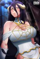 artist:Ohdax character:albedo copyright:overlord_(maruyama) general:1girl general:artist_logo general:artist_name general:bare_shoulders general:black_feathers general:breasts general:closed_mouth general:collarbone general:demon_girl general:demon_horns general:dress general:elbow_gloves general:feathers general:female_focus general:gloves general:hair_between_eyes general:hair_over_shoulder general:horns general:huge_breasts general:lips general:looking_at_viewer general:purple_hair general:slit_pupils general:smile general:solo general:spider_web_print general:strapless general:strapless_dress general:upper_body general:white_dress general:white_gloves general:white_horns general:yellow_eyes meta:highres technical:grabber // 1027x1523 // 2.0MB