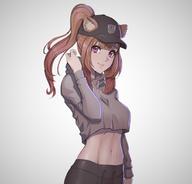 artist:inhoso character:raphtalia copyright:tate_no_yuusha_no_nariagari general:1girl general:abs general:alternate_costume general:alternate_hairstyle general:animal_ear_fluff general:animal_ears general:arm_at_side general:baseball_cap general:brown_hair general:contemporary general:cowboy_shot general:crop_top general:crop_top_overhang general:drawstring general:ears_through_headwear general:grey_background general:hand_up general:hat general:high_ponytail general:hood general:hood_down general:hoodie general:long_hair general:long_sleeves general:looking_at_viewer general:midriff general:navel general:pants general:pink_eyes general:ponytail general:raccoon_ears general:raccoon_girl general:smirk general:solo general:standing general:sweatpants meta:commentary meta:english_commentary meta:highres technical:grabber // 1864x1784 // 129.6KB