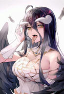 character:albedo copyright:overlord_(maruyama) general:1girl general:ahoge general:bare_shoulders general:black_feathers general:black_hair general:black_wings general:breasts general:cleavage general:demon_girl general:demon_horns general:dress general:elbow_gloves general:feathered_wings general:feathers general:gloves general:hair_between_eyes general:horns general:large_breasts general:long_hair general:looking_at_viewer general:low_horns general:open_mouth general:simple_background general:skindentation general:slit_pupils general:solo general:tongue general:tongue_out general:upper_body general:very_long_hair general:white_background general:white_dress general:white_gloves general:white_horns general:wings general:xiangping_saguo general:yellow_eyes meta:absurdres meta:highres technical:grabber // 2389x3493 // 1.5MB