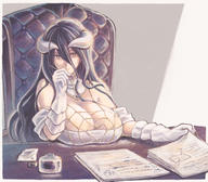 artist:user_xgpy8228 character:albedo copyright:overlord_(maruyama) general:1girl general:bare_shoulders general:black_hair general:breast_rest general:breasts general:calligraphy_brush general:chair general:cleavage general:closed_mouth general:demon_girl general:demon_horns general:desk general:detached_collar general:dress general:female general:gloves general:hair_between_eyes general:holding general:holding_paper general:holding_pen general:horns general:ink_bottle general:jewelry general:large_breasts general:long_hair general:necklace general:paintbrush general:paper general:paper_stack general:papers general:pen general:slit_pupils general:solo general:white_dress general:white_gloves general:yellow_eyes tagme technical:grabber // 1214x1064 // 392.4KB