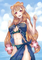 artist:der_zweite character:raphtalia copyright:tate_no_yuusha_no_nariagari general:1girl general:animal_ears general:bare_shoulders general:bikini general:blue_bikini general:blue_sky general:blush general:breasts general:brown_hair general:cleavage general:cloud general:cowboy_shot general:day general:frills general:large_breasts general:long_hair general:looking_at_viewer general:navel general:ocean general:open_mouth general:ponytail general:purple_eyes general:raccoon_ears general:raccoon_girl general:raccoon_tail general:sarong general:sky general:smile general:solo general:swimsuit general:tail meta:absurdres meta:commentary_request meta:highres technical:grabber // 1748x2480 // 672.0KB