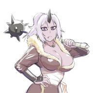 artist:ueyama_michirou character:shion_(tensei_shitara_slime_datta_ken) copyright:tensei_shitara_slime_datta_ken general:1girl general:black_horns general:breasts general:cleavage general:closed_mouth general:colored_skin general:holding_mace general:horns general:large_breasts general:long_hair general:looking_at_viewer general:mace general:oni general:oni_horns general:over_shoulder general:pointy_ears general:ponytail general:purple_eyes general:purple_hair general:purple_skin general:simple_background general:single_horn general:slit_pupils general:solo general:spiked_mace general:spikes general:standing general:upper_body general:weapon general:weapon_over_shoulder general:white_background meta:highres technical:grabber // 1600x1600 // 199.7KB