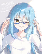 artist:chocoeiru character:rimuru_tempest copyright:tensei_shitara_slime_datta_ken general:1other general:adjusting_eyewear general:androgynous general:blue-framed_eyewear general:blue_hair general:blush general:closed_mouth general:collarbone general:glasses general:grey_background general:hair_between_eyes general:hands_up general:long_hair general:long_sleeves general:looking_at_viewer general:one_eye_closed general:semi-rimless_eyewear general:shirt general:sidelocks general:smile general:solo general:straight-on general:twitter_username general:under-rim_eyewear general:upper_body general:white_shirt general:yellow_eyes meta:absurdres meta:commentary_request meta:highres meta:translation_request technical:grabber // 2250x2929 // 3.5MB