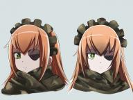 artist:kyer0704 character:cz2128_delta copyright:overlord_(maruyama) general:1girl general:brown_hair general:camouflage general:expressionless general:eyepatch general:female general:green_eyes general:long_hair general:looking_at_viewer general:maid_headdress general:portrait general:solo general:symbol-shaped_pupils medium:4:3_aspect_ratio medium:grey_background medium:high_resolution medium:simple_background tagme technical:grabber // 1600x1200 // 836.2KB